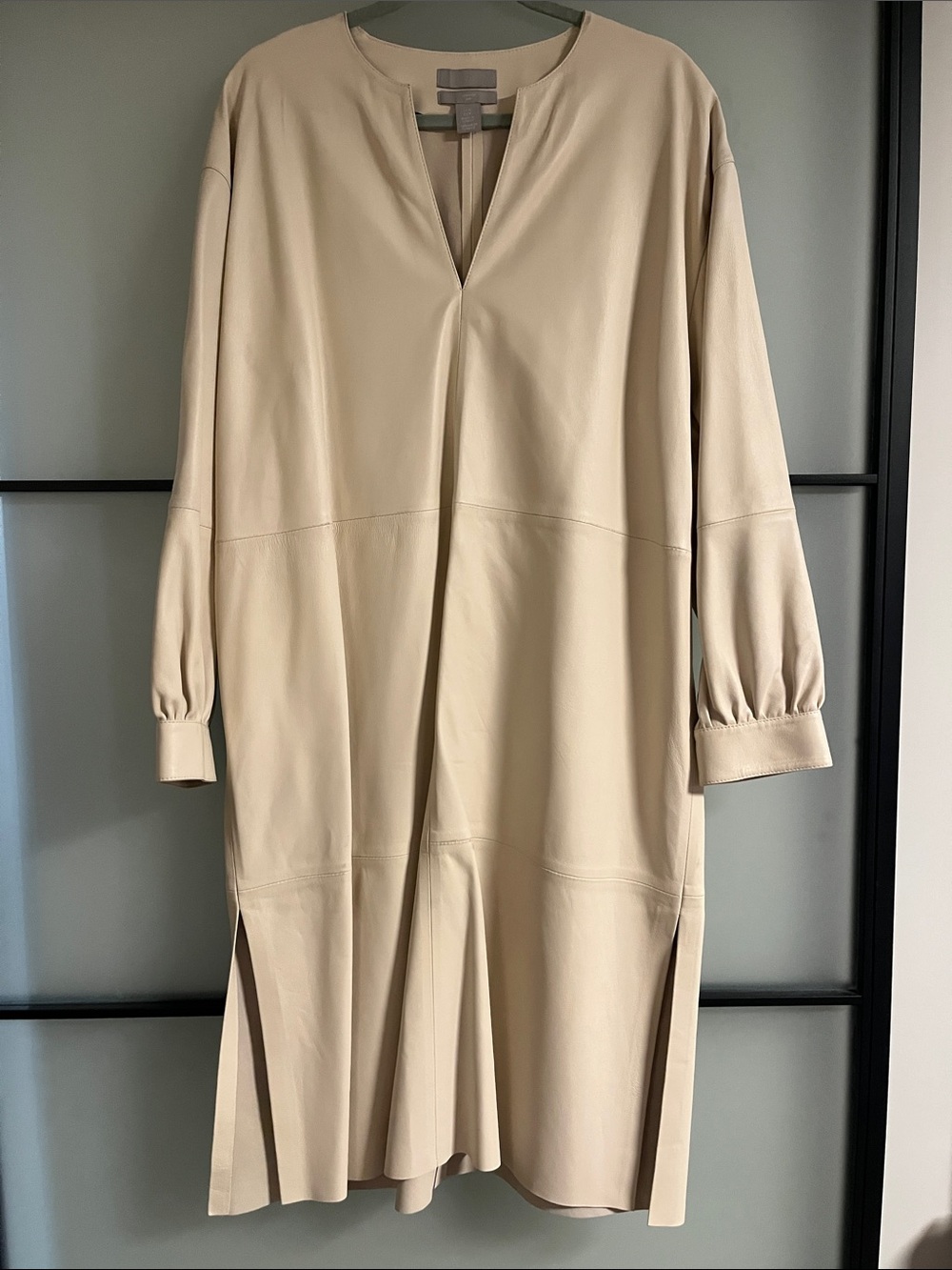 H&M Beige Real Leather Long Sleeve V-Notch Shift Dress